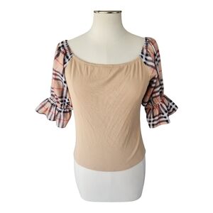 Top Secret Puff Sleeve Ribbed Knit Top Beige Plaid Accent Size Large